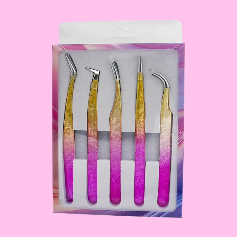 Set di pinzette per ciglia con fiori di ghiaccio da mille gradi Set di clip per piume dorate in acciaio inossidabile nano innesto universale viola blu