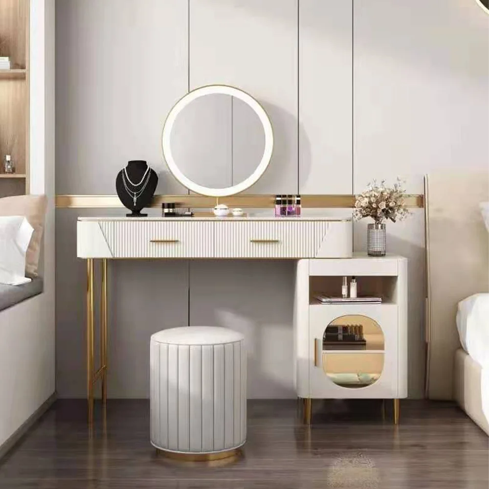 

Modern Style Bedroom Mirror Dressing Table Custom Makeup LED Light Mirrored Dresser Vanity Table
