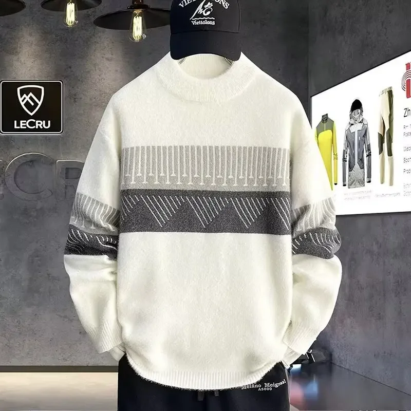 

Winter Men's Plush Sweater Pullovers Fashionable Men's Clothing Japan High Quality Warm O Neck Colorblock Sweater Cool Top 2024