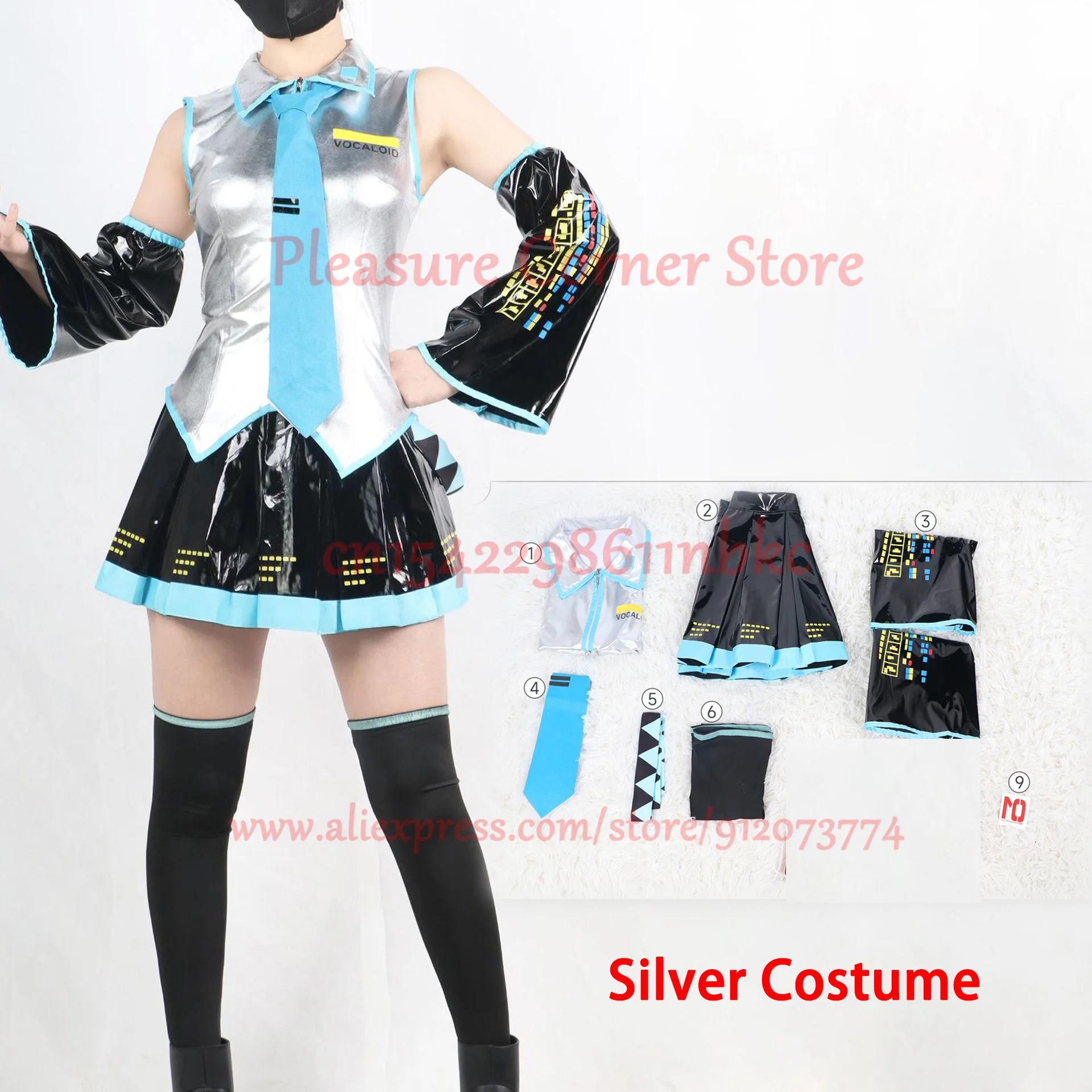 Miku Cosplay Costume Full Set Silver Leather Fabric Suit Miku Cosplay Headwear Costume Outfit JK Sailor Dress School Uniform - Image 6