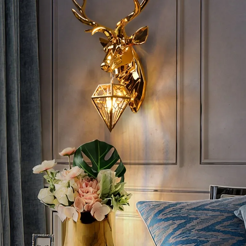 GHJUYIOL Zhaocai Deer Head Wall Lamp American Gold Plated Living Room TV Background Wall Deer Horn Lamp Bedroom Creative Interio image 6