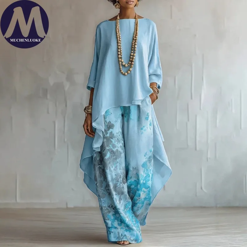 Women's 2-Piece Set Loose Long Sleeves Irregular Top Casual Printed Wide Leg Pants Fashionable Spring Autumn Outfit