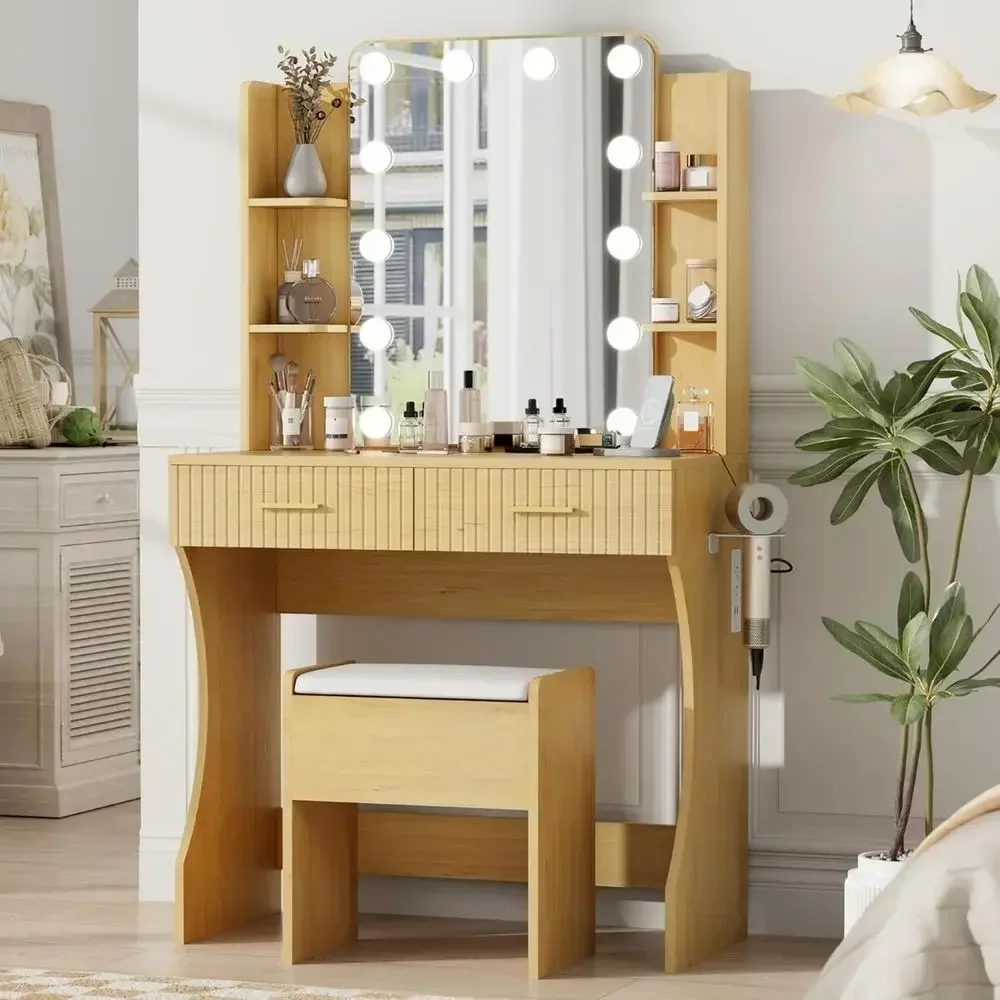 LED Lighted Mirror Vanity Desk with Adjustable Makeup Lights, 2 Drawers and 4 Shelves for Bedroom Storage