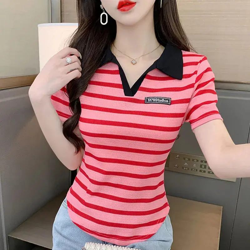 Femme Sommer Koreanische Mode Patchwork Kontrast Farben Polo Kragen Kurzarm Frauen Kleidung Einfachheit Gestreiften Kurzarm