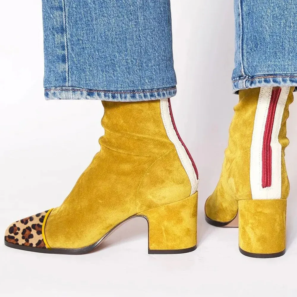 

Patchwork Leopard Print Square Toe Yellow Chunky Heel Women's Boots British Style Women's Boots Trendy