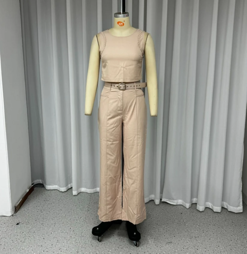 Two Piece Set Women Outfit 2024 Summer Casual Sleeveless Round Neck Solid Color Crop Vest Top & High Waist Straight Pants Set