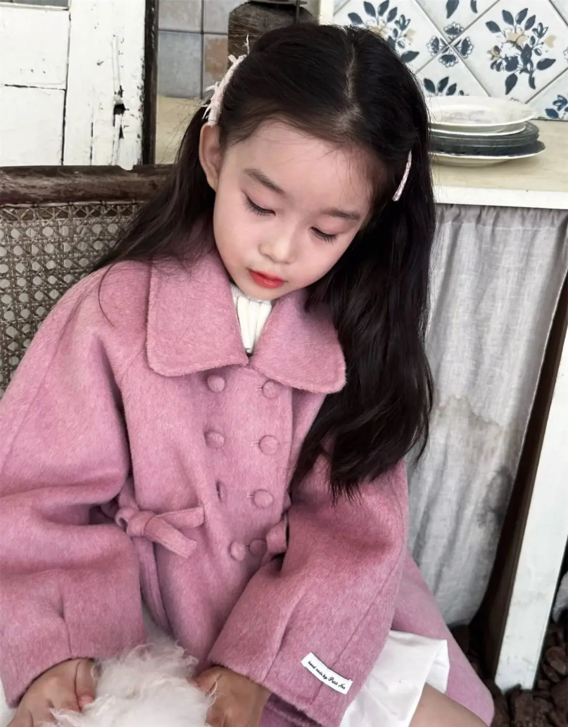 الخريف والشتاء طفل الفتيات معطف الصوف جديد الحلو الوردي الأرجواني معطف مزدوج الصدر للأطفال 90-140 سنتيمتر