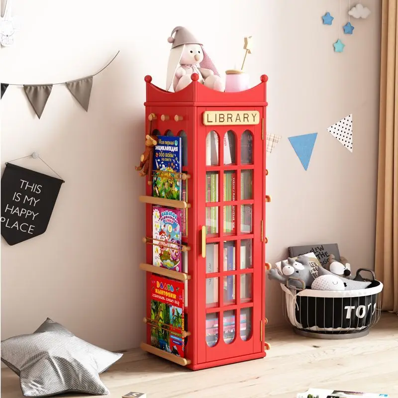 

Solid wood bookshelf bookcase living room floor shelf creative red phone booth storage collection cabinet