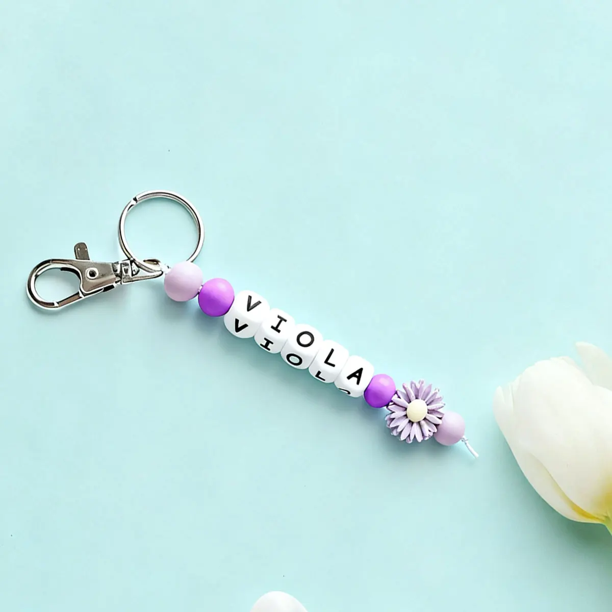 Personalized Custom Daisy Silicone Keychain, Beaded Bag Charm