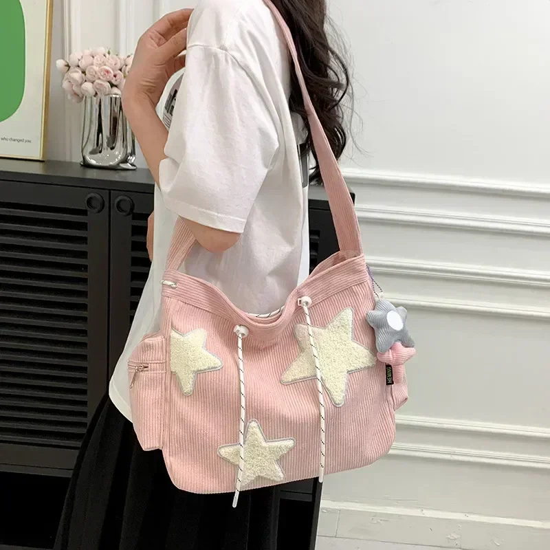 Dziewczęce śliczne torby na ramię z nadrukiem gwiazdy damskie japońskie modne codzienne torby Crossbody Y2k Streetwear torby z grubej bawełny dla studentów