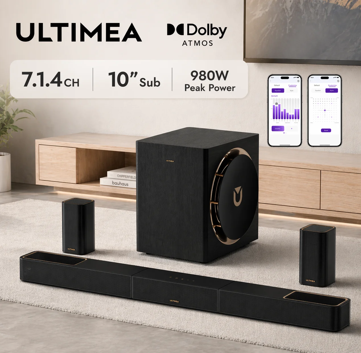 ULTIMEA 7.1.4-Kanal Soundsystem Soundbar, Dolby Atmos & APP-Steuerung, Surround-Sound-System mit Subwoofer & 2 Kabellosen Rücklautsprechern