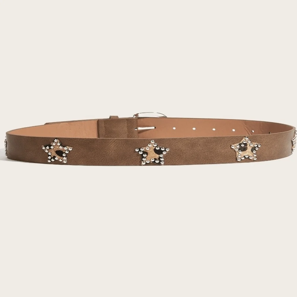 جديد ريترو الهيب هوب حزام الخماسي عنصر البني بولي Leather حزام جلد حجر الراين الديكور دبوس مشبك حزام ملابس الشارع
