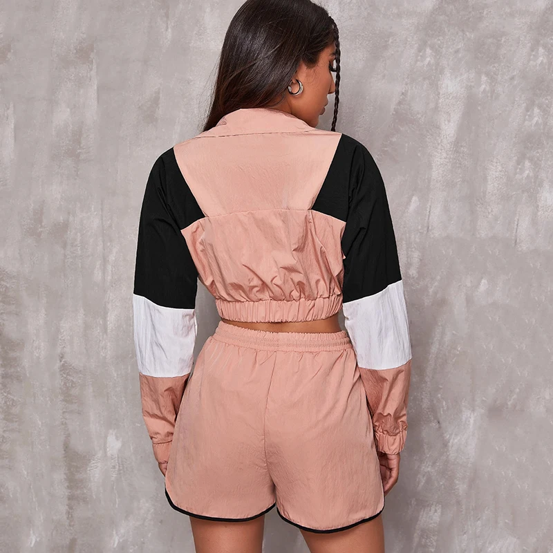 Shorts Two Piece Set New Fashion Women Spring Autumn Long Sleeve Pink Sweatshirts Zipper Crop Tops Patchwork Elastic Waist Short