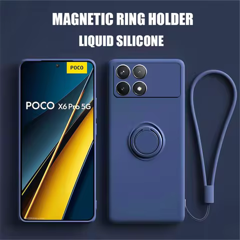 Liquid Silicone Case For POCO X6 Pro X7 X5 X4 GT X3 NFC Soft Magnetic Ring Holder Coque For POCO F5 F4 GT M4 M3 Pro Phone Cover