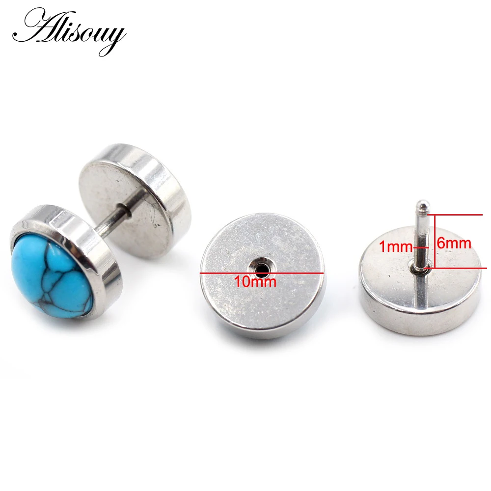 Alisouy 2pcs Punk Natural Stone Opal Stainless Steel Men Women Barbell Dumbbell Ear Studs Earrings Tragus Helix Piercing Jewelry