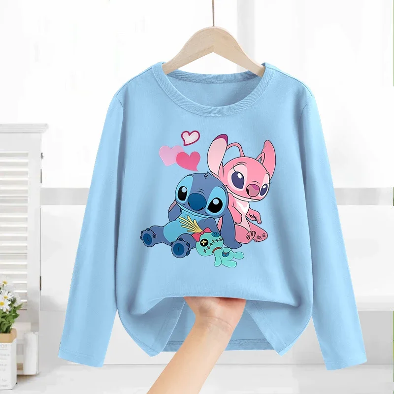 Disney Lilo&stitch Children T-shirt Cotton Tees Long Sleeve Base Coat Leisure Wear Boys Girls Cute Cartoon Tops Kids Clothes