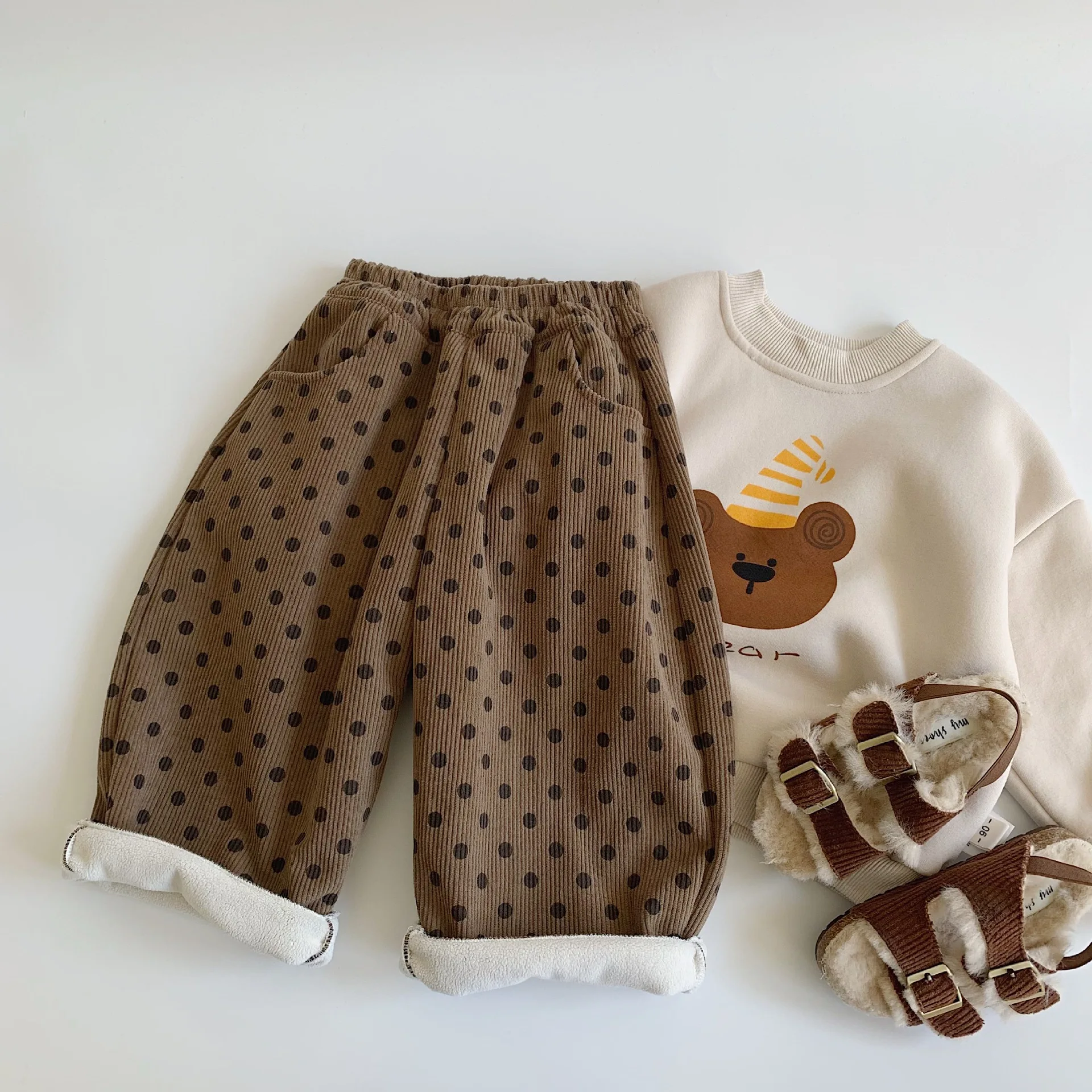 Children's Casual Pants 2024 Winter New Product Men's and Women's Polka Dot Pants Versatile and Fashionable with Plush Pants