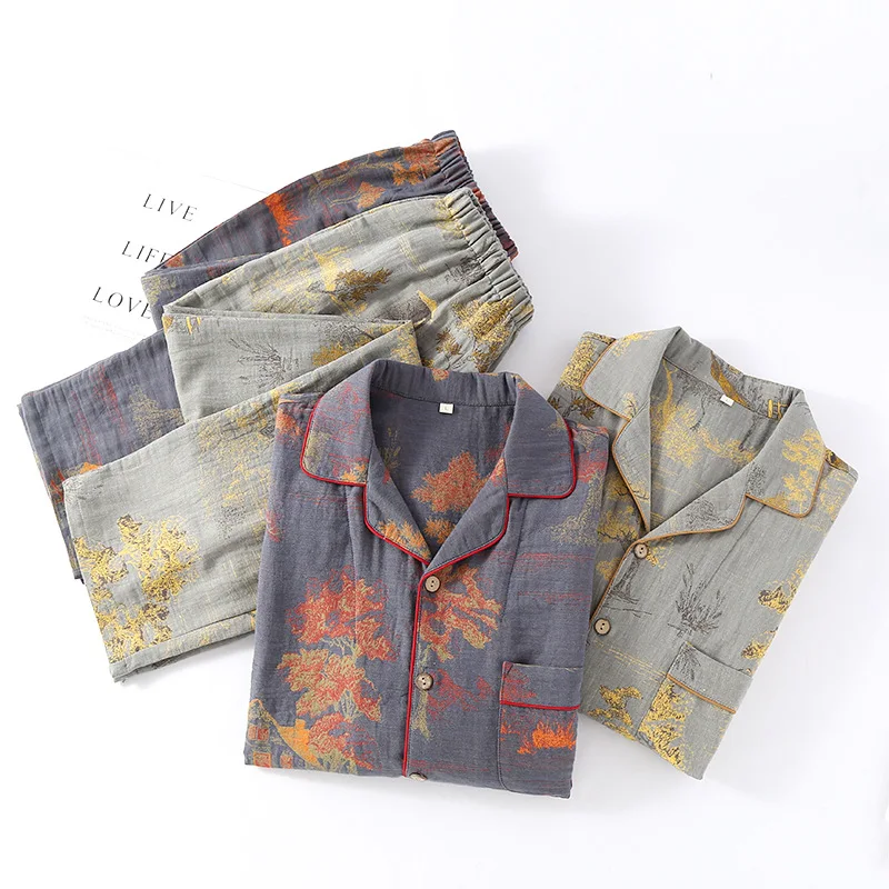 Spring Autumn Men Luxury Pajama Sets Male 100% Cotton Sleepwear Suit Male Long Sleeve Turn-down Collar Shirt & Pants Home Cloth