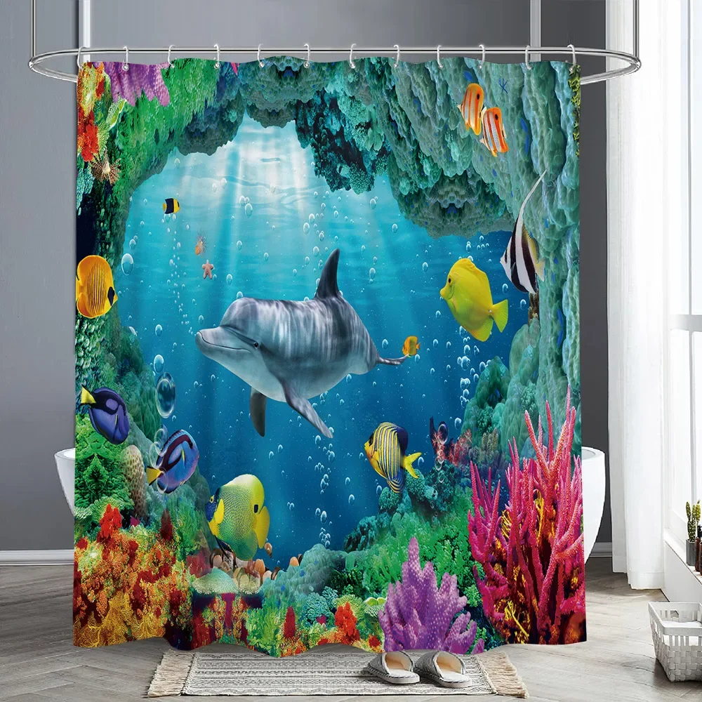 Ocean Animals Shower Curtains Dolphin Sea Turtle Fish Coral Underwater Cave Scenery Fabric Children Bath Curtain Bathroom Deco