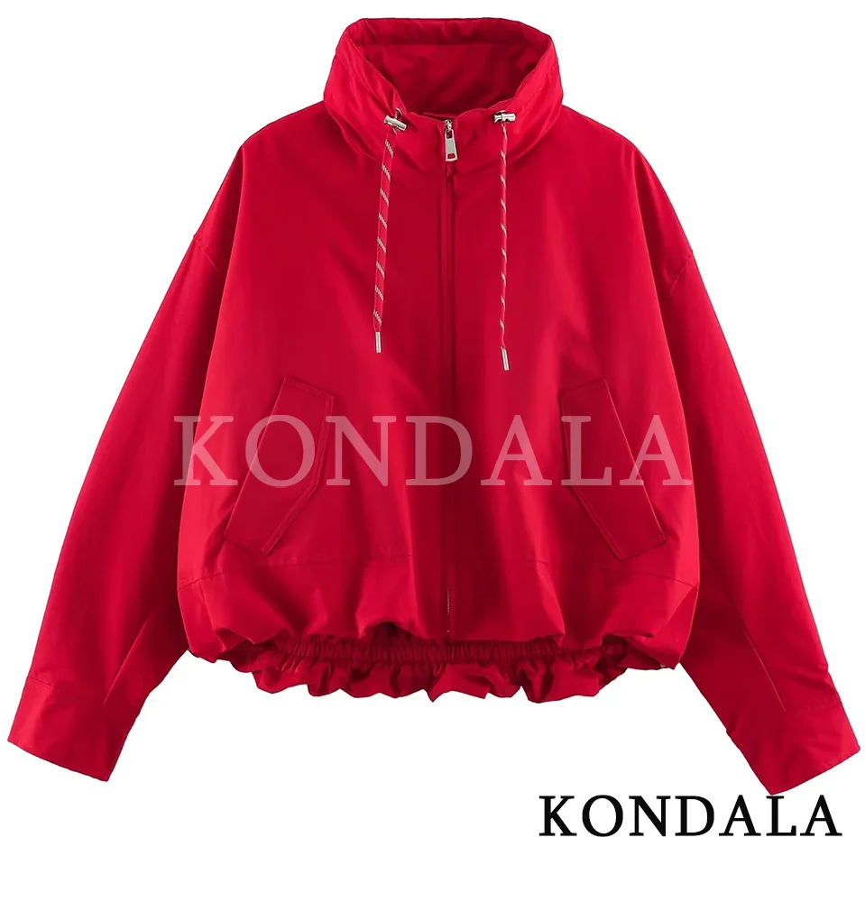 KONDALA Women Casual Chic Stand-Collar Jacket Red Street Sports Style Jacket 2026 Fall Winter Trendy Loose Zip-up Padding Jacket