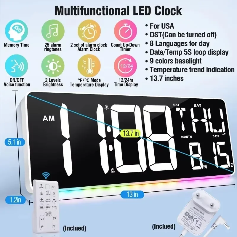 Digital Date Week Wall Clock with Remote Control Large Display Alarm Clock Atmosphere Light RGB  Changing Electronic Clock