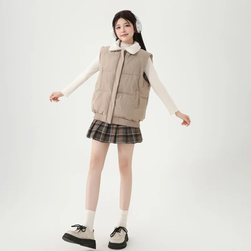 Women Parkas Vest Coats Solid Down Coats Zipper Turndown Fur Collar Sleeveless Straight Fit Thick Casual Office Lady Winter 2025