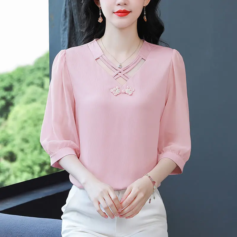 Women Clothes Summer Fashion Hollow Out Simplicity Solid Color 3/4 Sleeve Chiffon Shirts Women's Casual Loose Temperament Tops