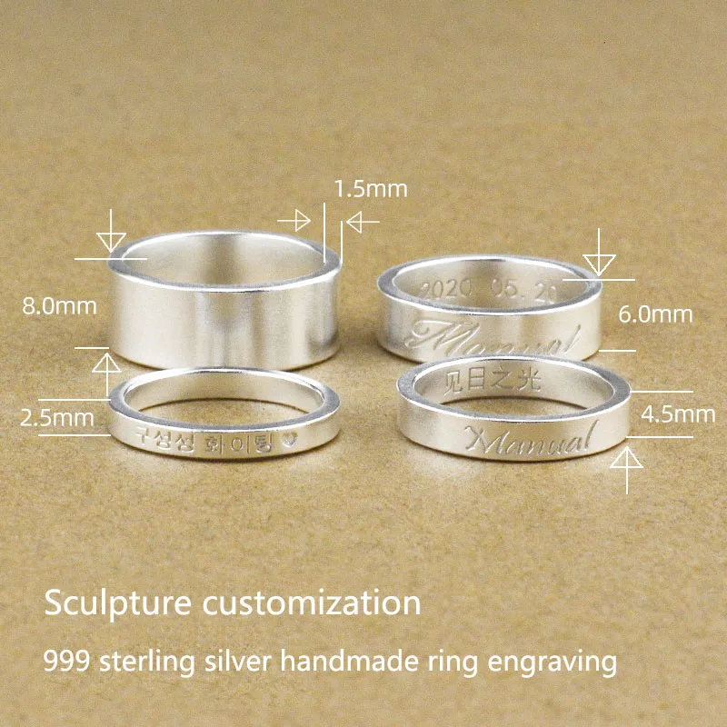 999 Pure Silver Original Handmade Customized Couple Ring with Sterling Silver Inscription for Men and Women as a Lover Gift