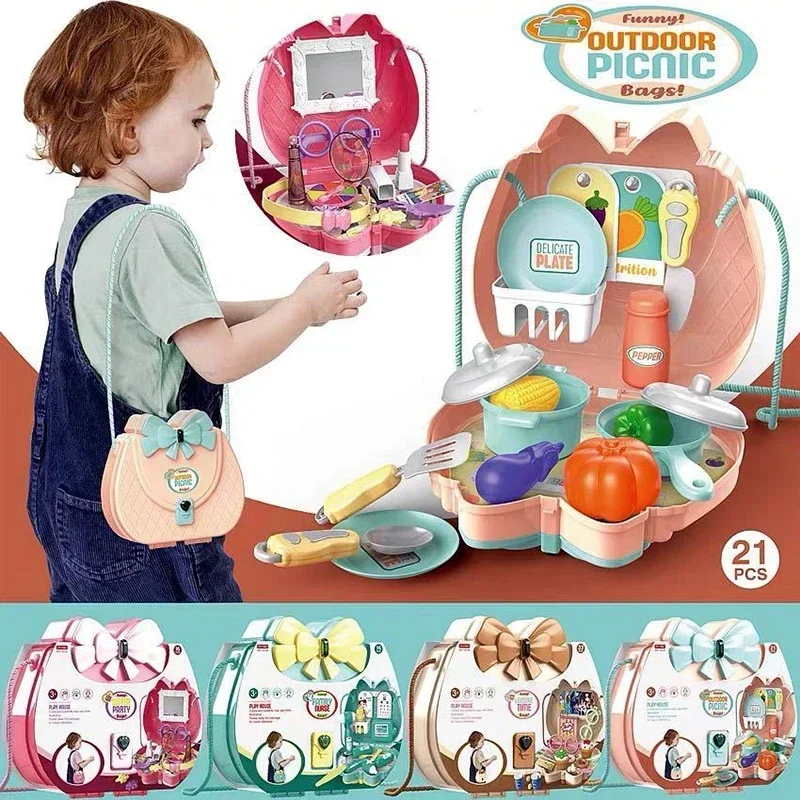 Girls Pretend Play Makeup Sets with Crossbody Bag Doctor Kits Children's Play Food Toy Ice Cream Playset for Toddlers Gift