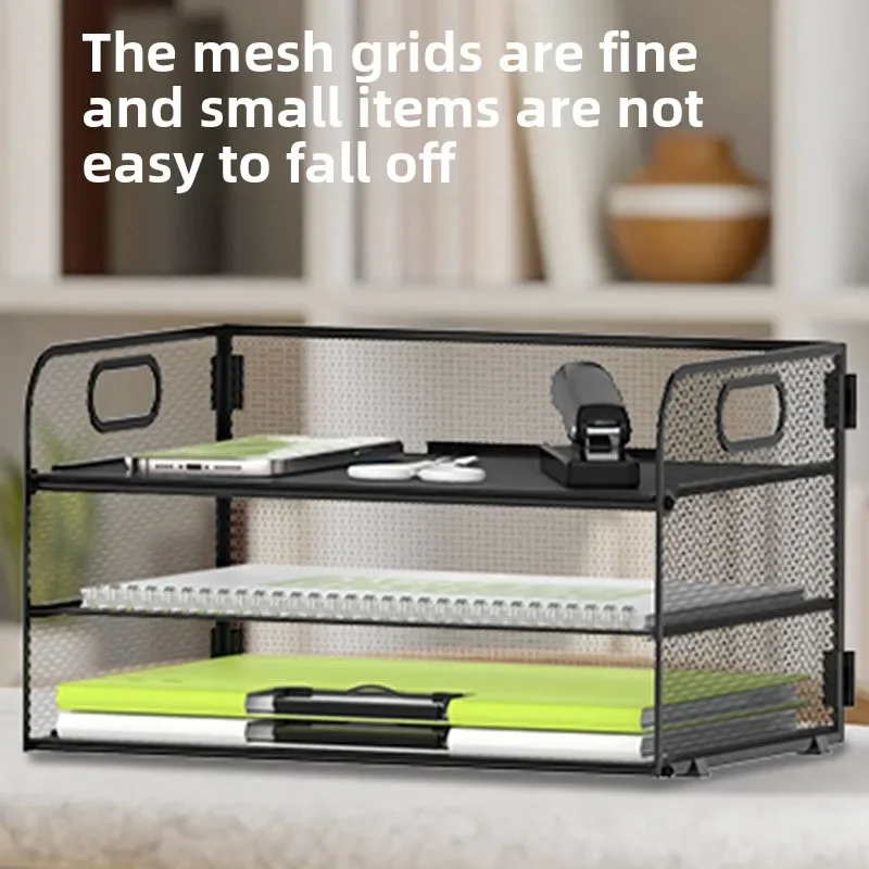 

2026 3-layer Document Storage Rack Non-punching Carbon Steel Office Multi-functional Storage Basket Wrought Iron Desktop Rack