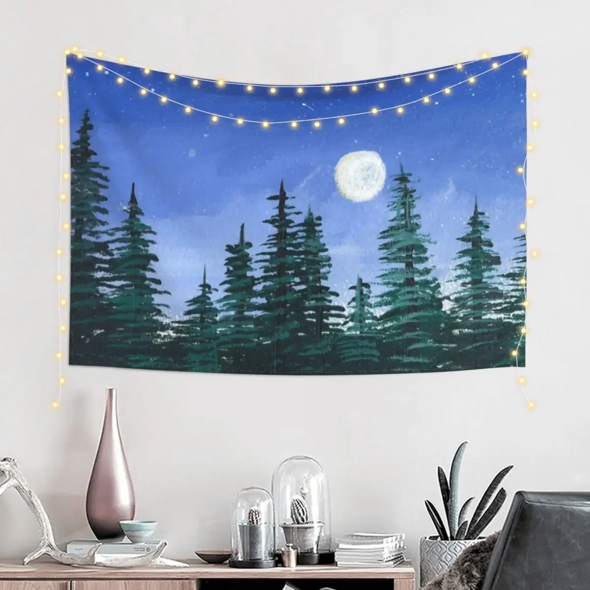 Full Moon Over a Redwood Forest - Camping Vibes Tapestry Room Design Decoration Home Tapestry