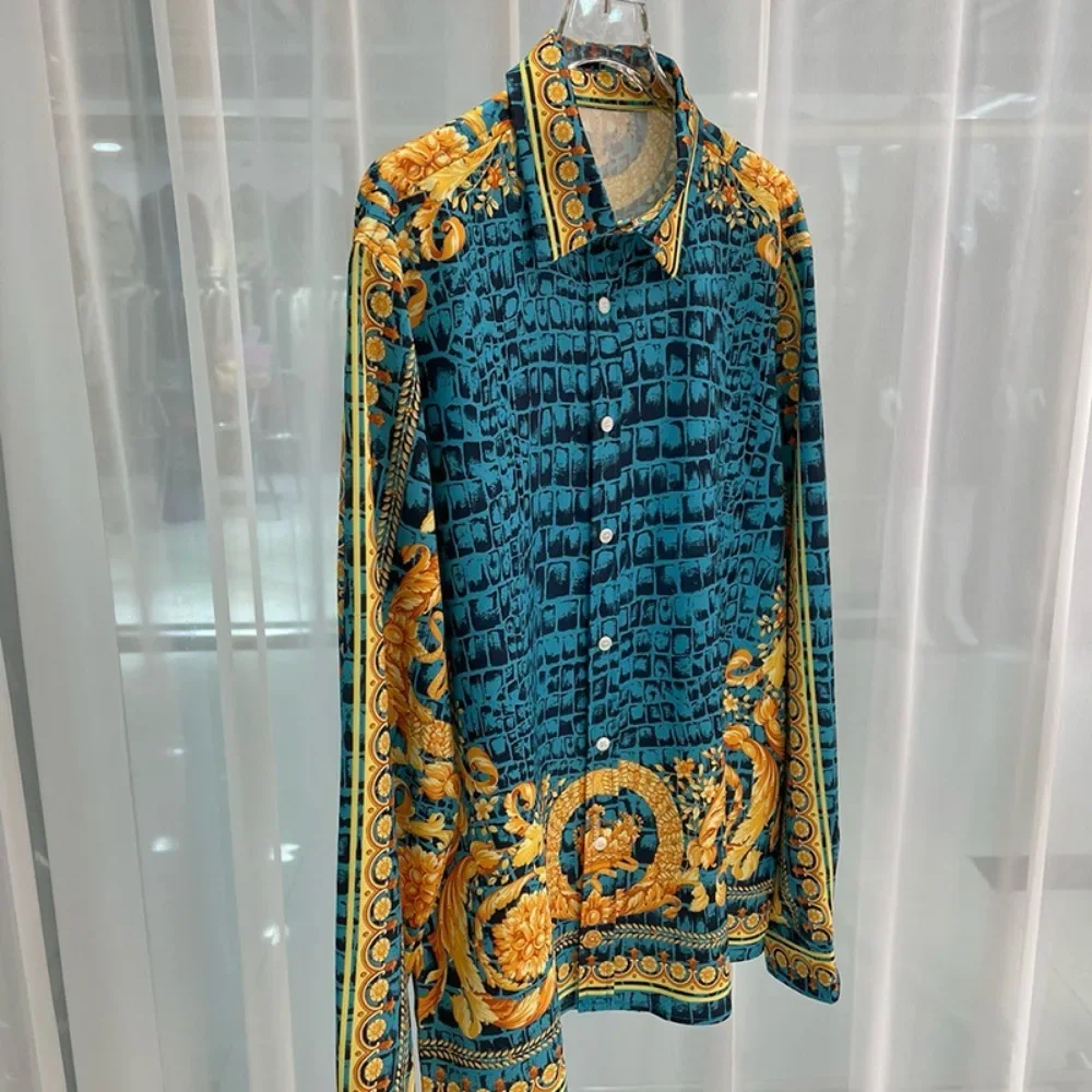 Men's Simple Retro French Classic 3D Printed Shirt Long-sleeved Lapel Light and Breathable Business Casual Party Outer Top