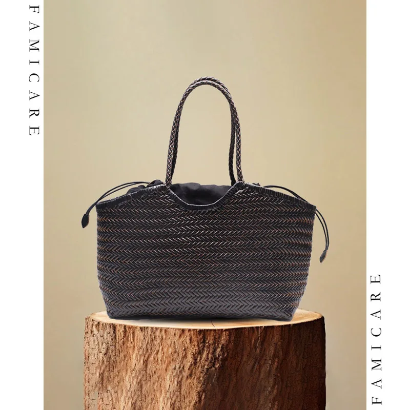 Large Capacity Split Leather Tote Bag Women Solid Color Woven Shoulder Bags with Drawstring Lining Hot Sale Lady Casual Handbag