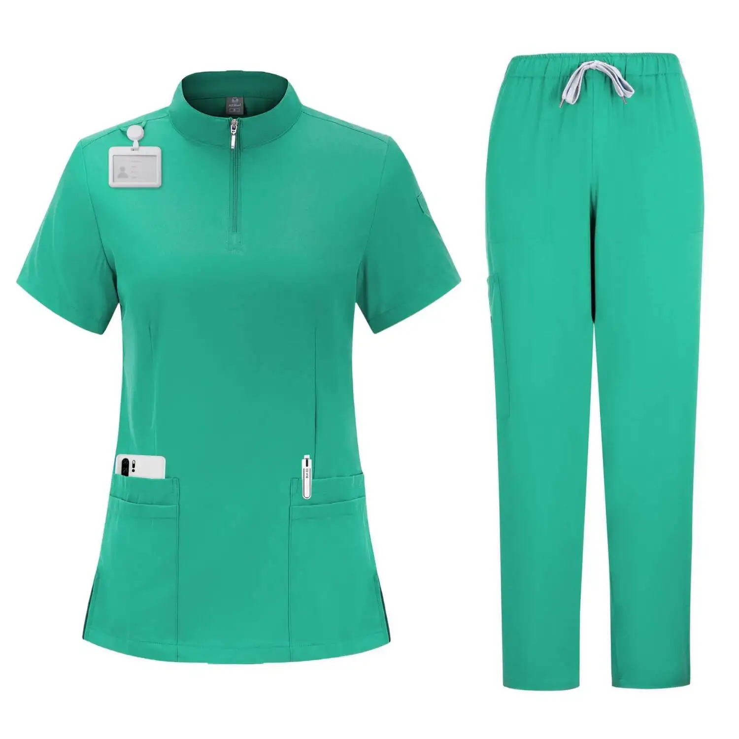 Women's 4-Pocket Zip-Neck Short Sleeve Scrub Top Nurse Uniforms Women Medical Nurses Accessories For Hospital Doctor Uniform
