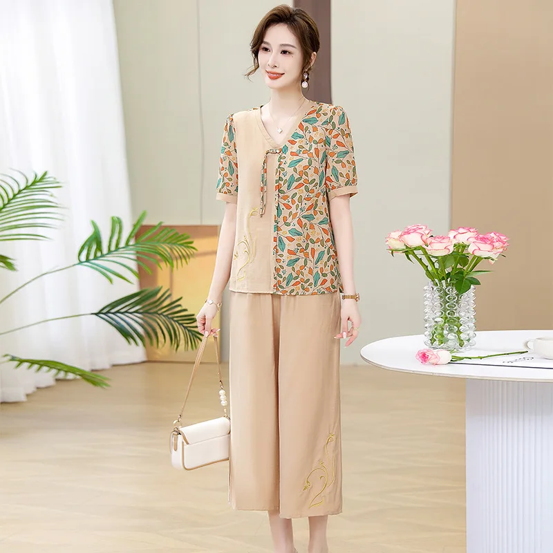 XL-5XL Spring Summer Short Sleeve V Neck Top Trousers Sets Printed Middle Aged Mother Two Piece Suit Clothing Women Outfit