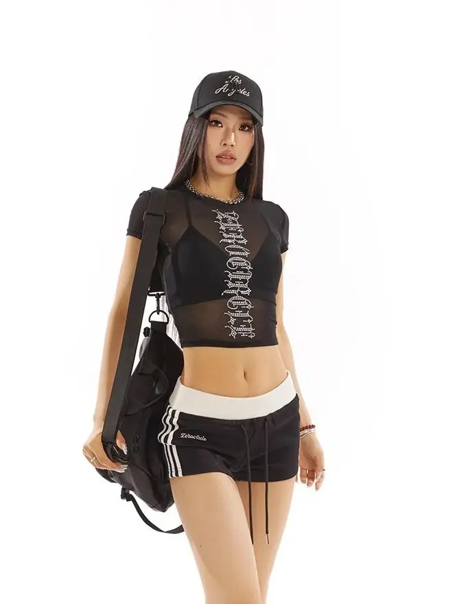 Letters for Ironing Diamonds Shoulders Short Sleeves T-shirt for Women in Summer Slim and Short Mesh Perspective Top