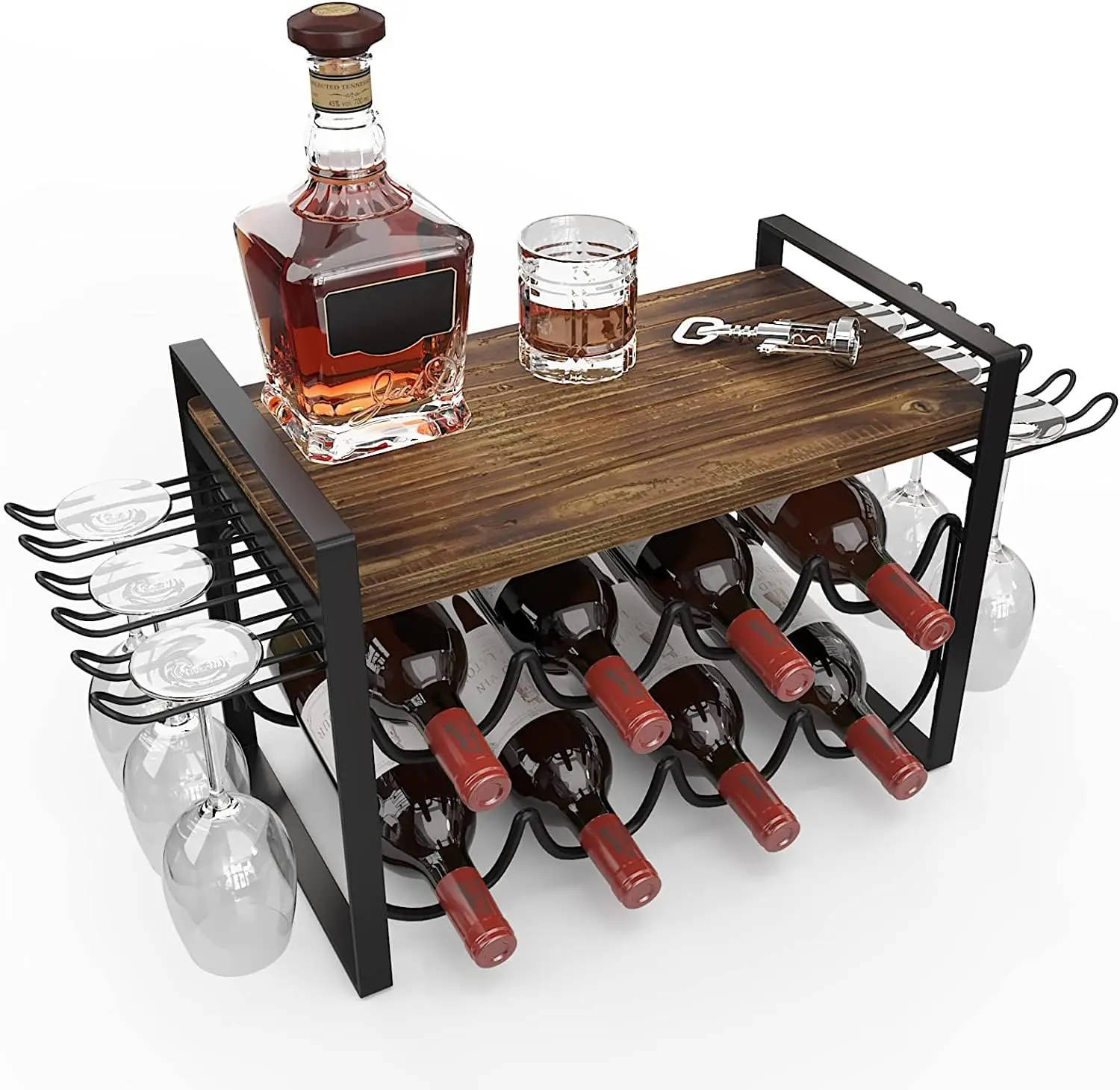 

Metal and Wood Countertop Wine Rack with 8 Bottle Storage, Glasses Hooks, and Tray