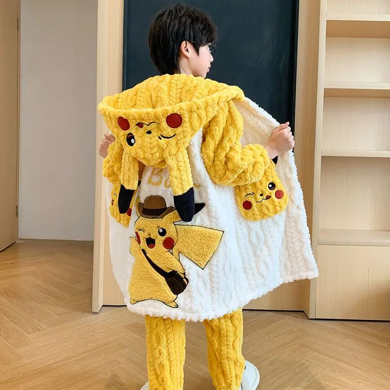 Pikachu Ultraman Hooded Robe Pajama Set Soft Thick Coral Fleece 2Pcs Loungewear Cartoon Embroidery Long Hood Robe and Pants Set