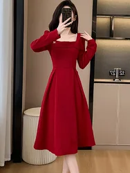 Autumn Winter Red Jacquard Chic Diamonds Square Collar Long Dress Women Elegant Luxury Dress Gown 2026 Korean Vintage Prom Dress