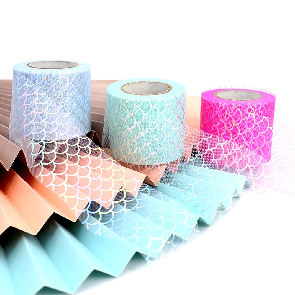 6cm 25yards Tulle Ribbons Mermaid Scales Organza Mesh Tape for DIY Theme Party Princess Headwear Hairbows Dress Trimming Supply