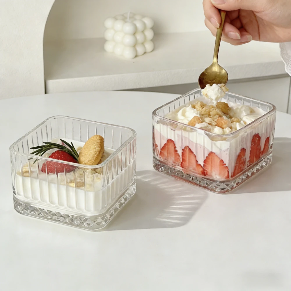 Retro Checkered Ice Cream Bowl Square-shaped Glass Bowl Desserts Fruits Cereal Breakfast Small Salad Bowl Home Kitchen Tableware