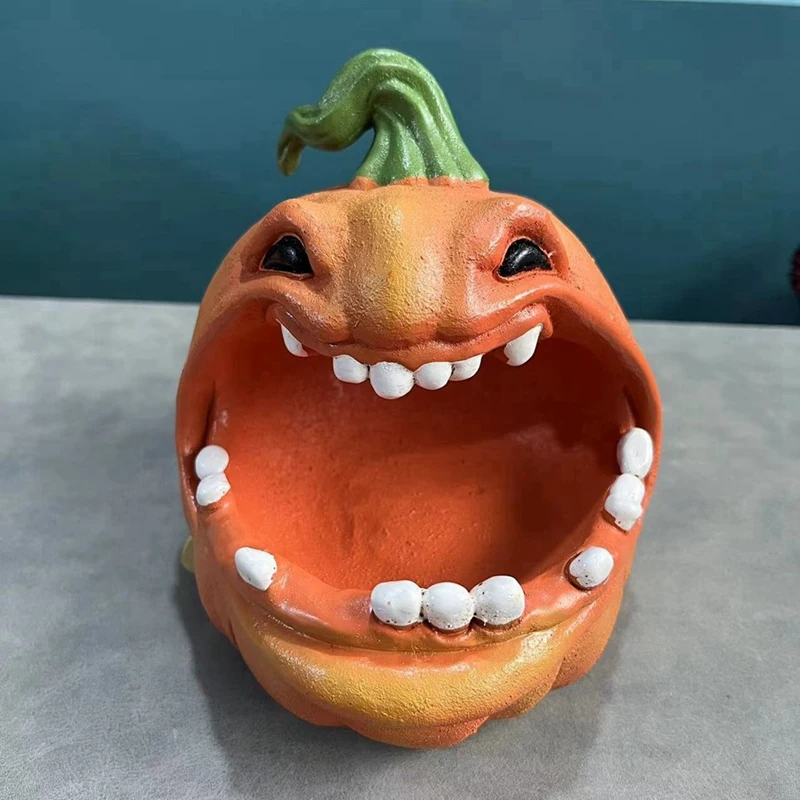 Enjoy New Halloween Pumpkin Storage Box Big Mouth Cartoon Pumpkin Resin Figurine Jewelry Keys Container Desktop Decors