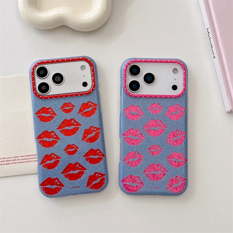 

Denim Lips Phone Case For iPhone 15 16 17 Promax Cute Kiss Print Camera Lens Protection Shockproof Cover For Girls Women Gift