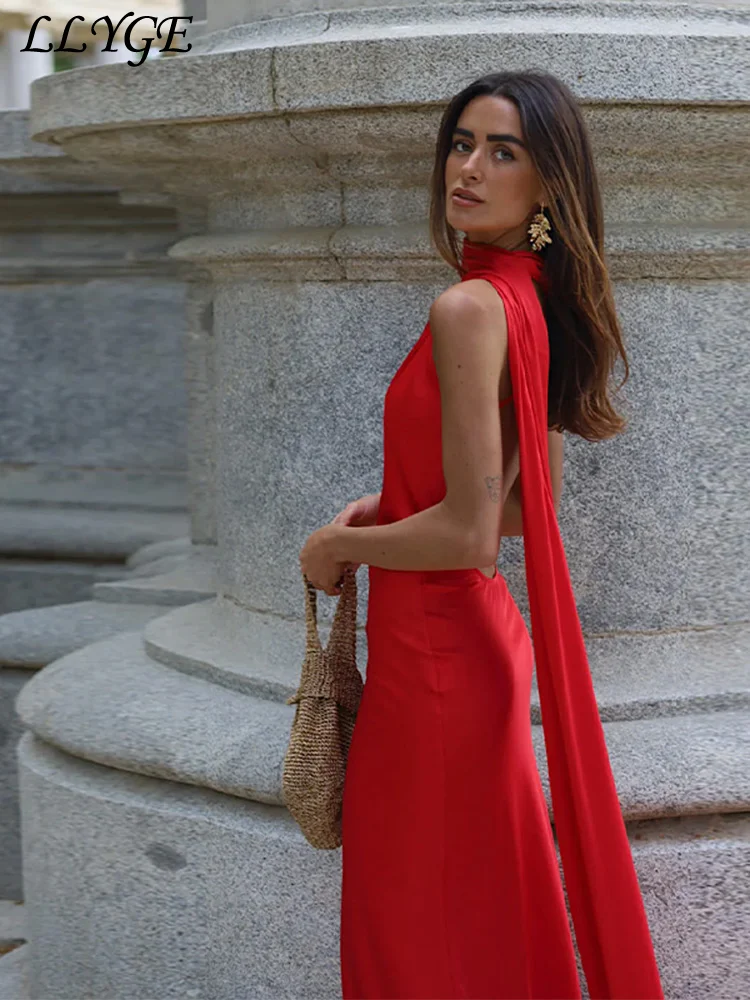 Elegante vrouwen Lint Lange Satijnen Feestjurk Halter Backless Mouwloze Vrouwelijke Jurken 2025, Zomer Dame Effen Avondjurken