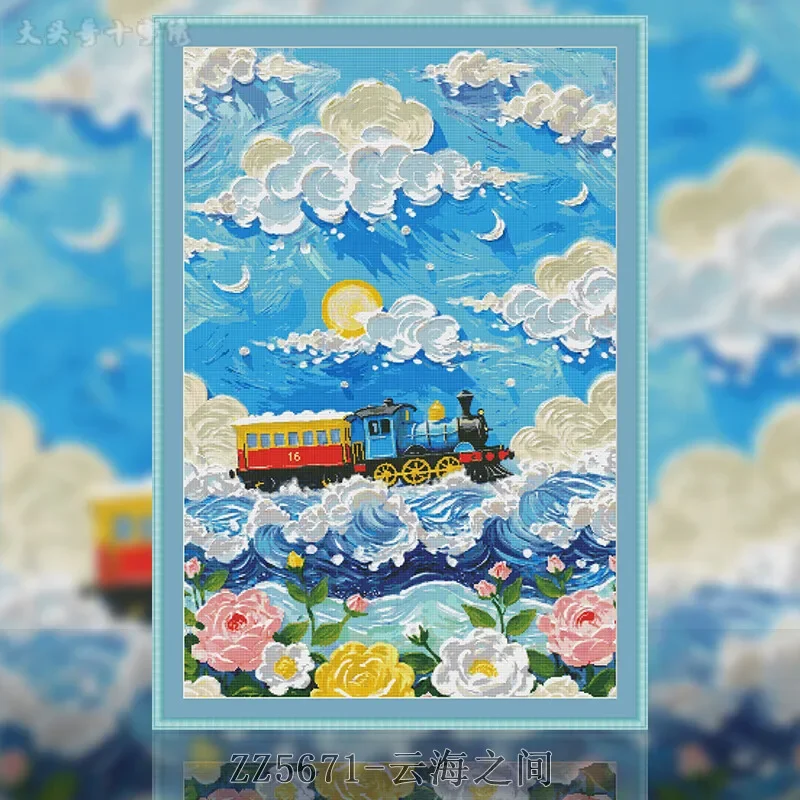 [ZZ5673-Between the Sea of Clouds] Stamped Cross Stitch Kit 14CT 16CT Pre Printed Canvas Cotton Thread DIY Embroidery Wall Decor