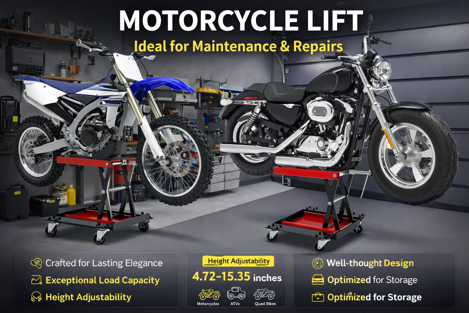 Cric de levage robuste pour moto, réglable de 4,72 à 15,35 pouces, support de réparation pliable pour VTT et quad pour l'entretien en garage et atelier