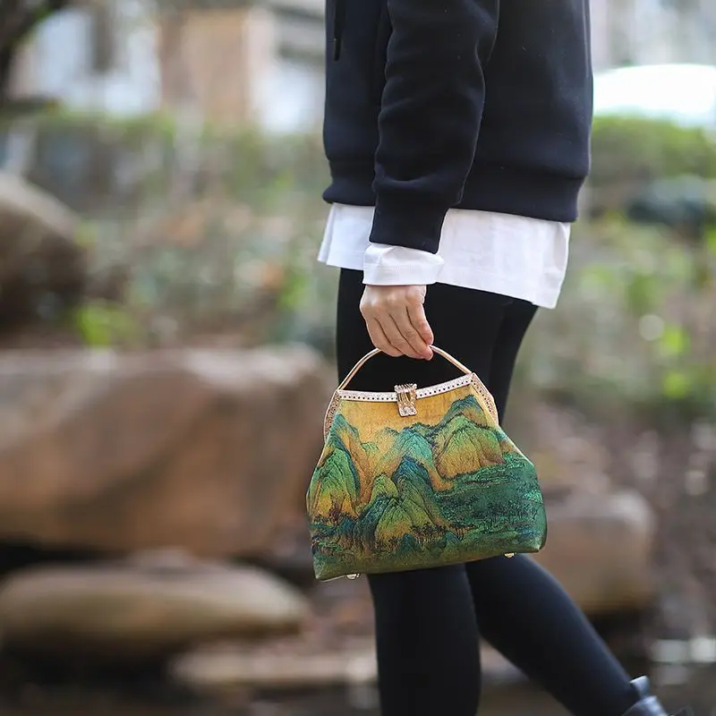 Tote Women\'s Handbags Ring Shell Lock Bags Hand Fringe Bag Original Handmade Mother Gift Well Bags Vintage Nature Green Bag