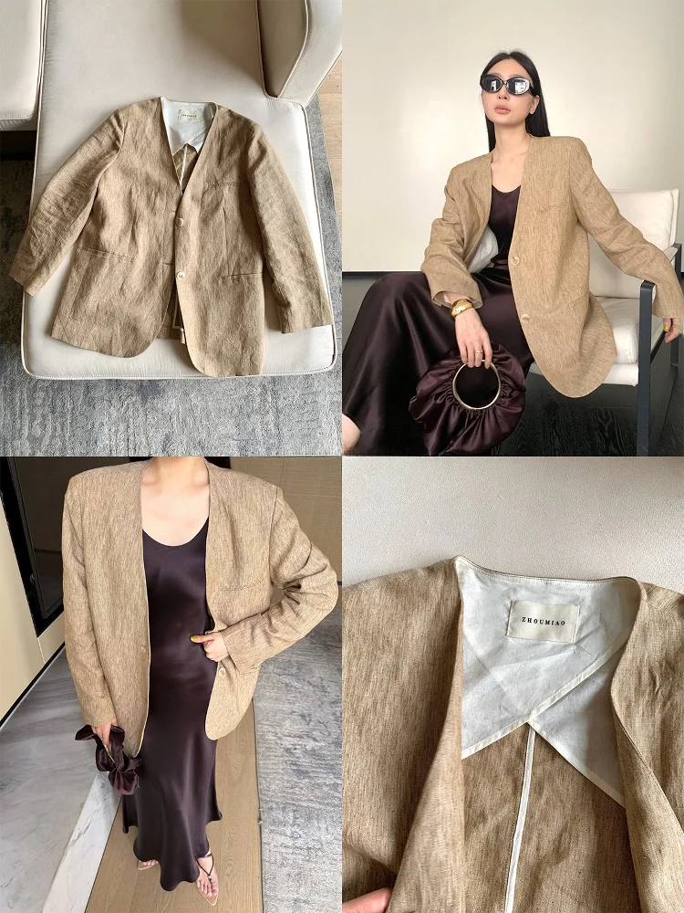 

ZhouMiao Casual Linen Suit Women's Open Collar Color Woven Leisure Outerwear Comfortable V-ne Long Sve Color