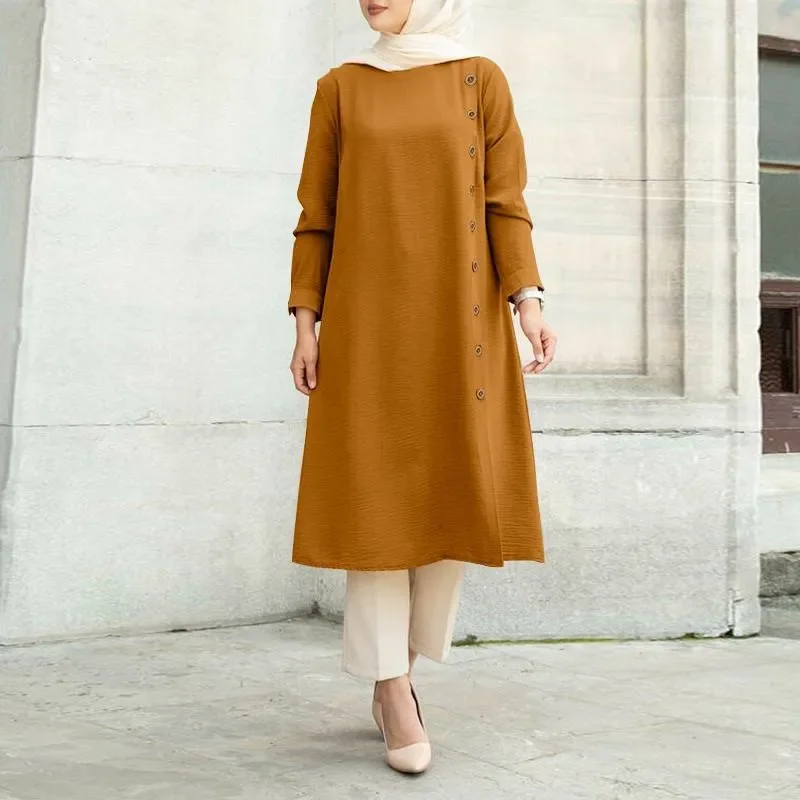 

New Muslim Loose Casual Long Sleeves Fastener Decoration Women's Long Sleeve Shirt Dress Middle East kaftan dress prom dress