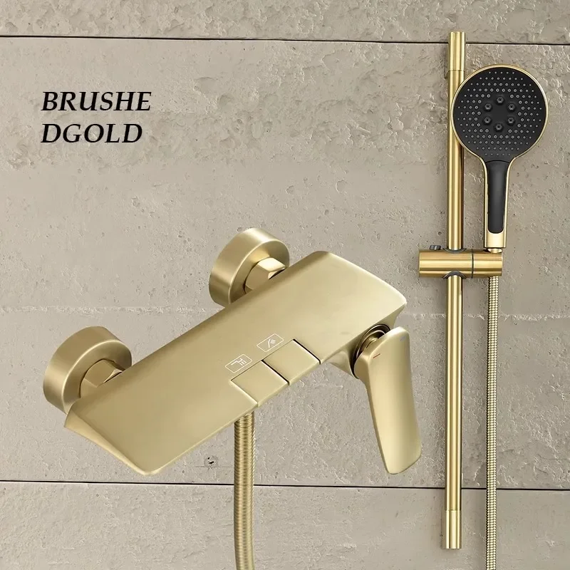 

Bathroom Shower Faucet Set Wall Mounted Brush Gold Black Finshed Waterfall Style Big Plate Brass Bathtub Mixer Set with slid bar